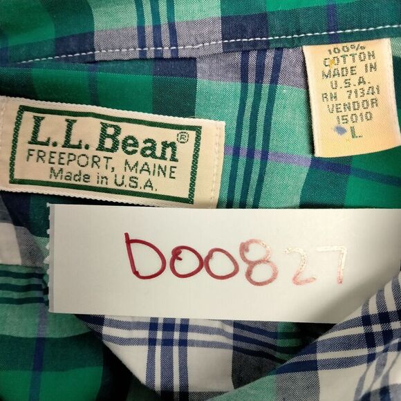 L.L. Bean Mens Size Large Green Blue Plaid Cotton Button Down Casual Shirt - Picture 10 of 10